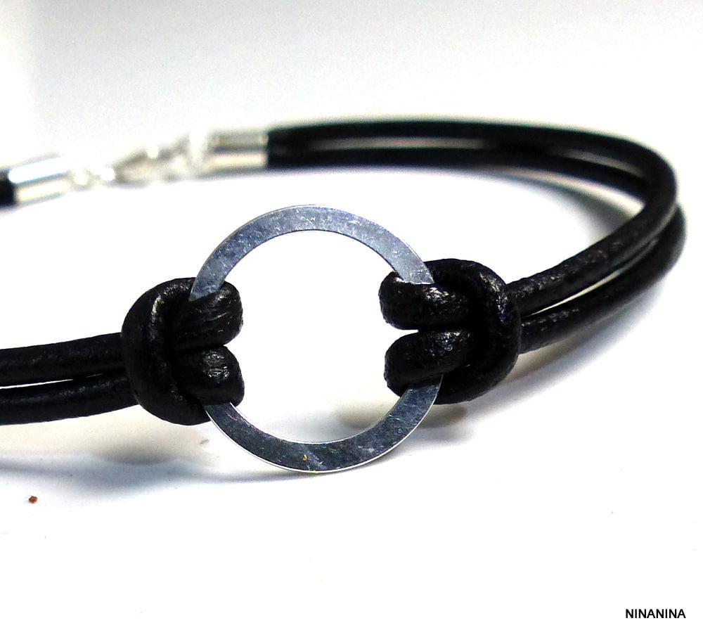 Bracelet cordon cuir anneau fin Argent 925 massif – Image 7