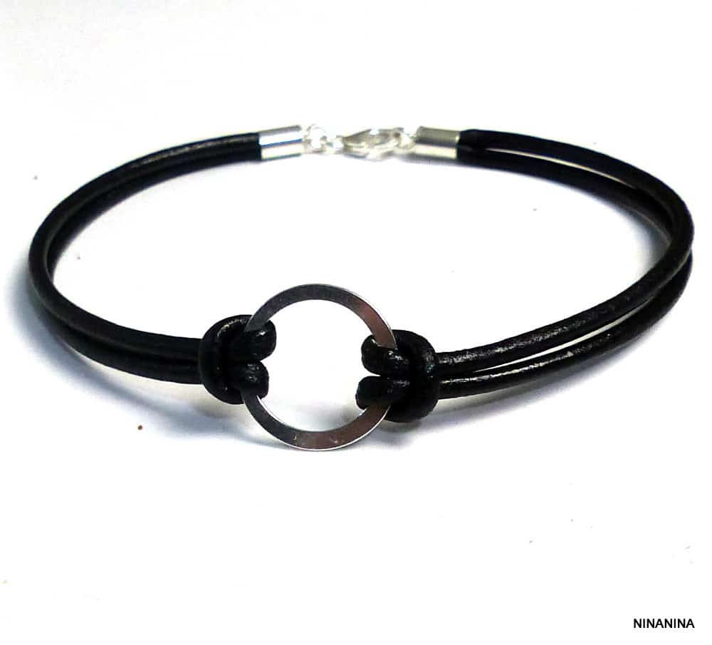 Bracelet cordon cuir anneau fin Argent 925 massif – Image 8