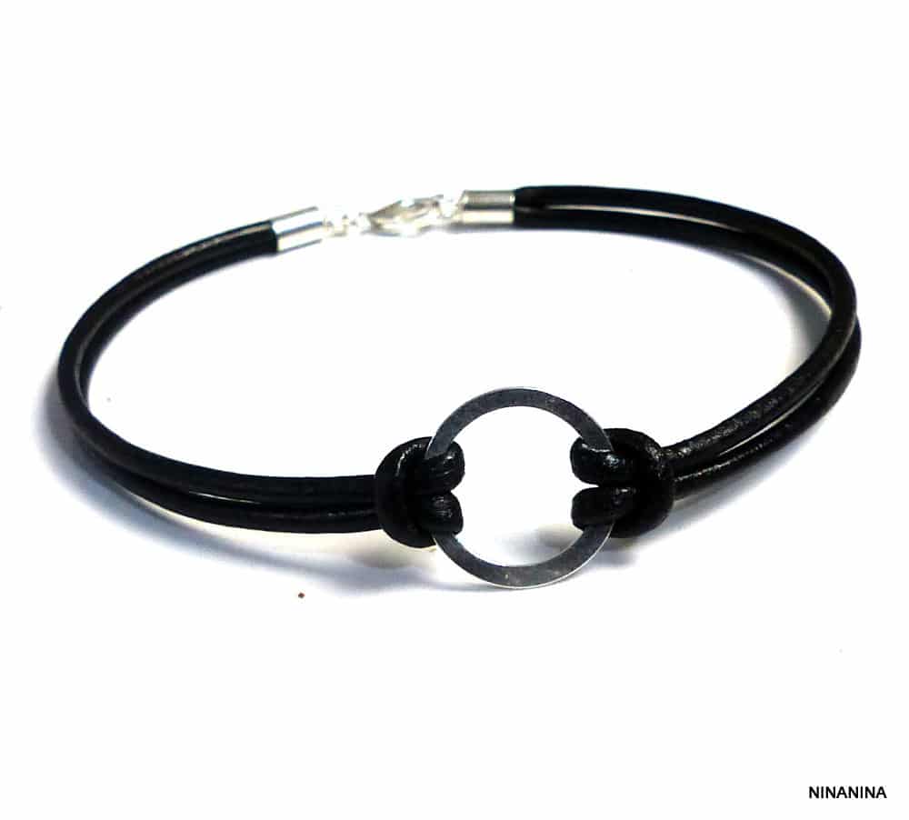Bracelet cordon cuir anneau fin Argent 925 massif – Image 10