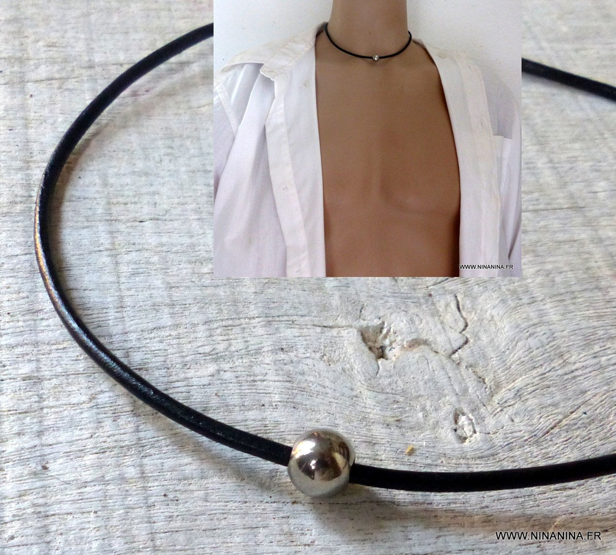 Collier boule homme cuir Acier inoxydable argent – Image 6