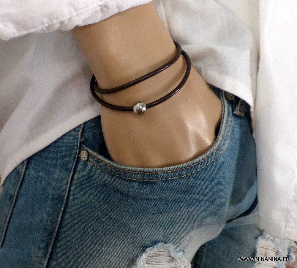 Bracelet cordon cuir 2 tours boule Acier inoxydable – Image 2