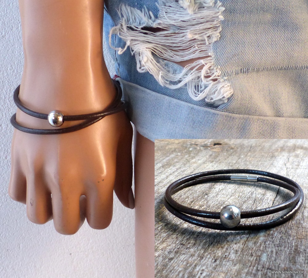 Bracelet cordon cuir 2 tours boule Acier inoxydable – Image 17