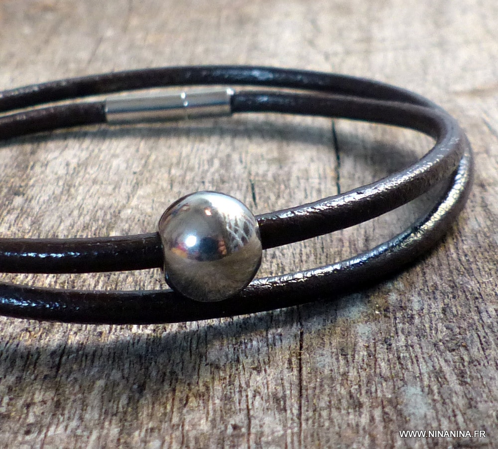 Bracelet cordon cuir 2 tours boule Acier inoxydable – Image 36