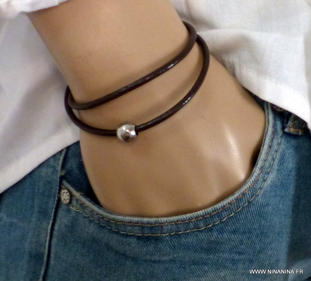 Bracelet cordon cuir 2 tours boule Acier inoxydable – Image 38