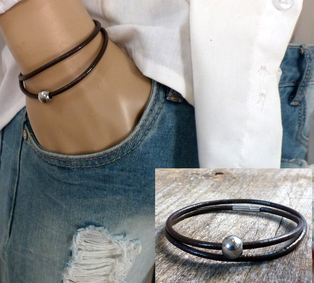 Bracelet cordon cuir 2 tours boule Acier inoxydable – Image 40