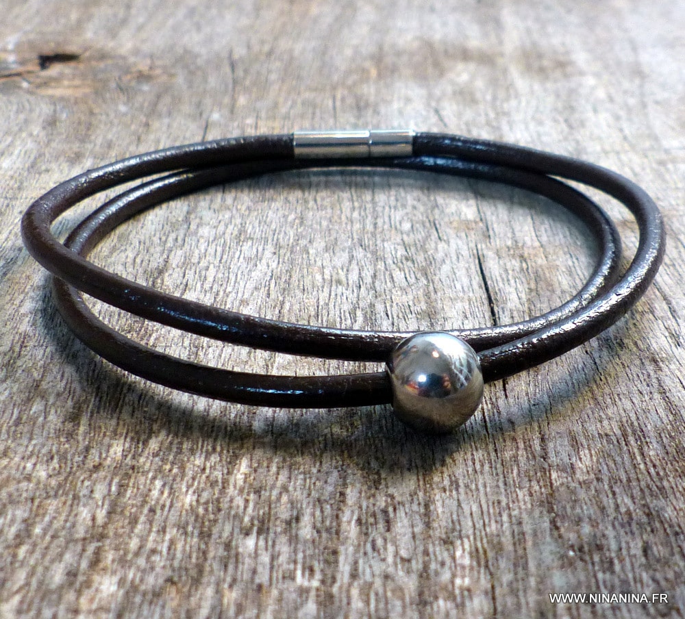 Bracelet cordon cuir 2 tours boule Acier inoxydable – Image 41