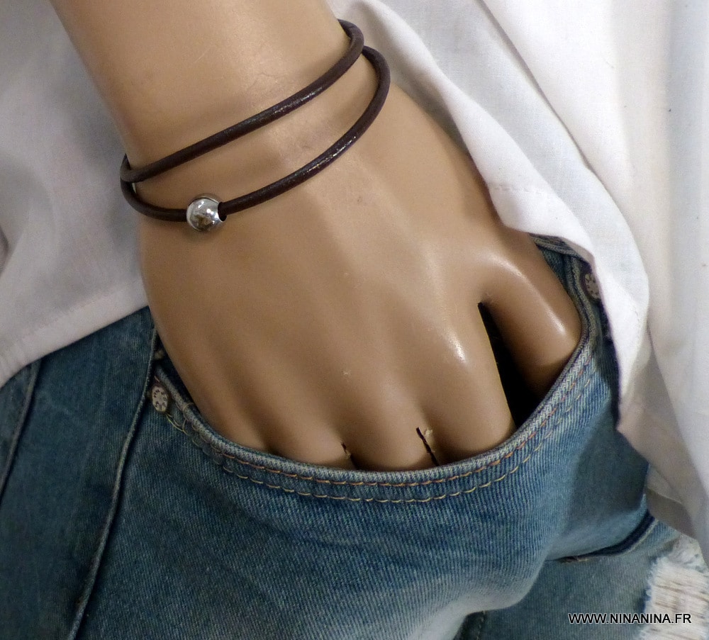 Bracelet cordon cuir 2 tours boule Acier inoxydable – Image 4