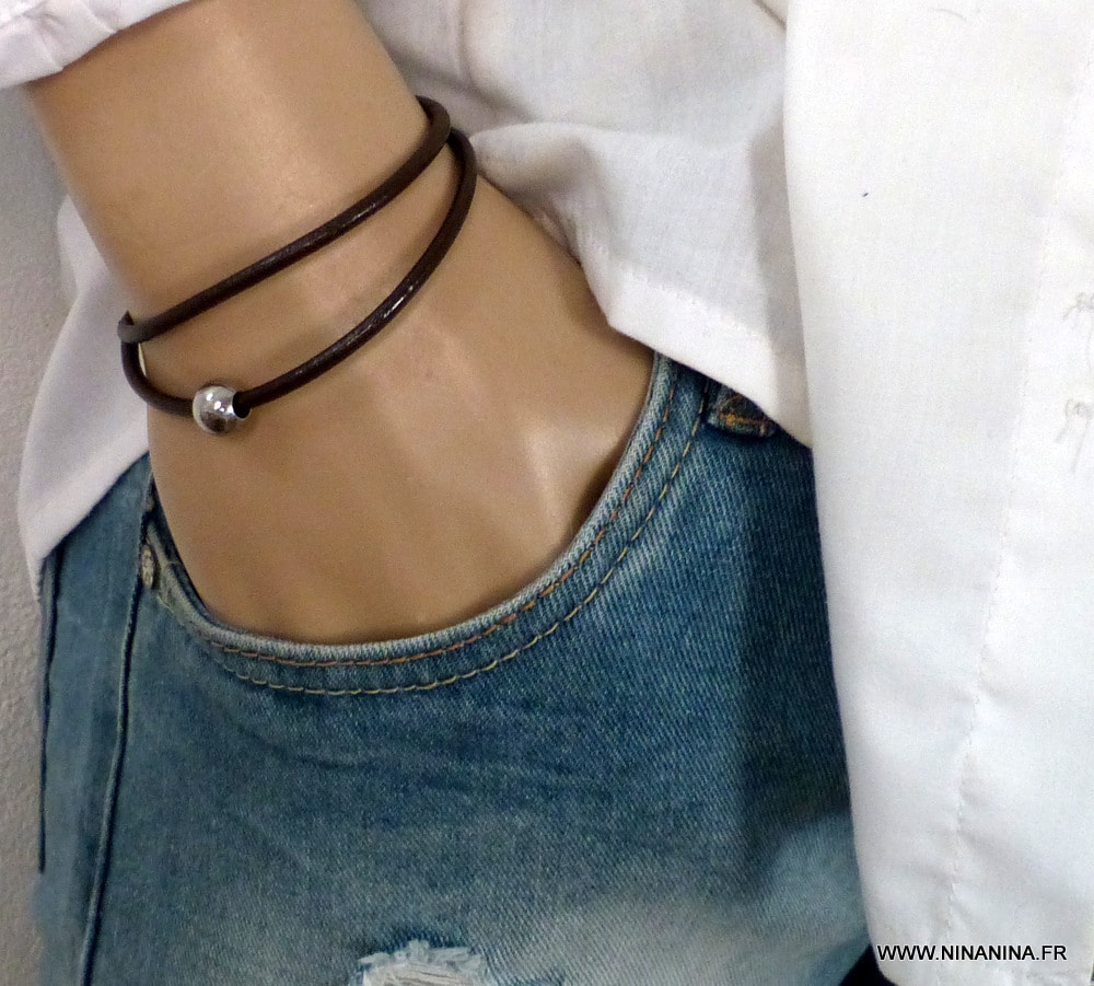 Bracelet cordon cuir 2 tours boule Acier inoxydable – Image 7