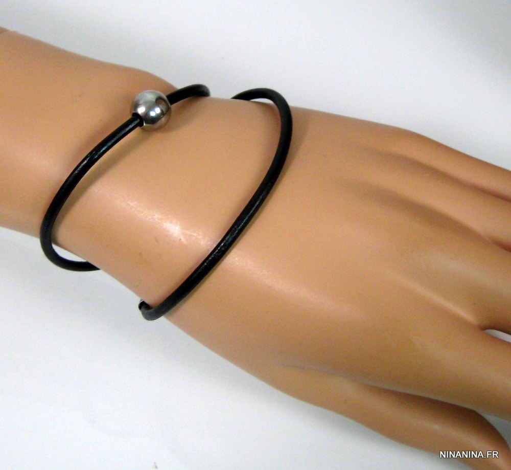 Bracelet cordon cuir 2 tours boule Acier inoxydable – Image 6