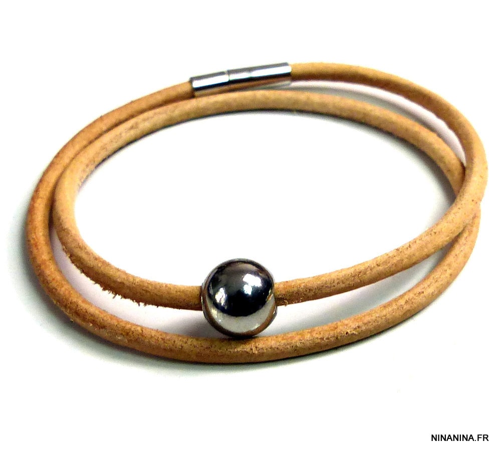 Bracelet cordon cuir 2 tours boule Acier inoxydable – Image 9