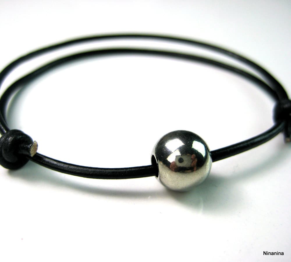 Bracelet homme cordon cuir boule Acier inoxydable argent – Image 2