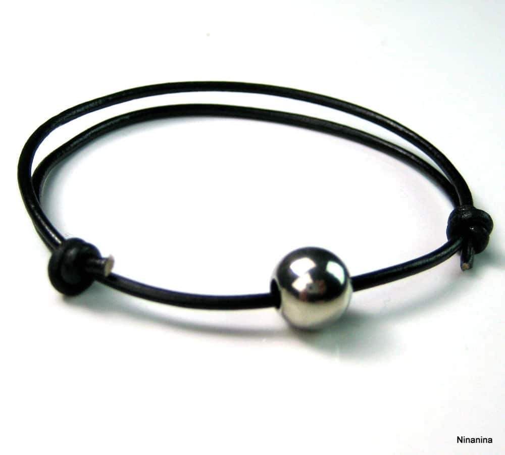 Bracelet homme cordon cuir boule Acier inoxydable argent – Image 4