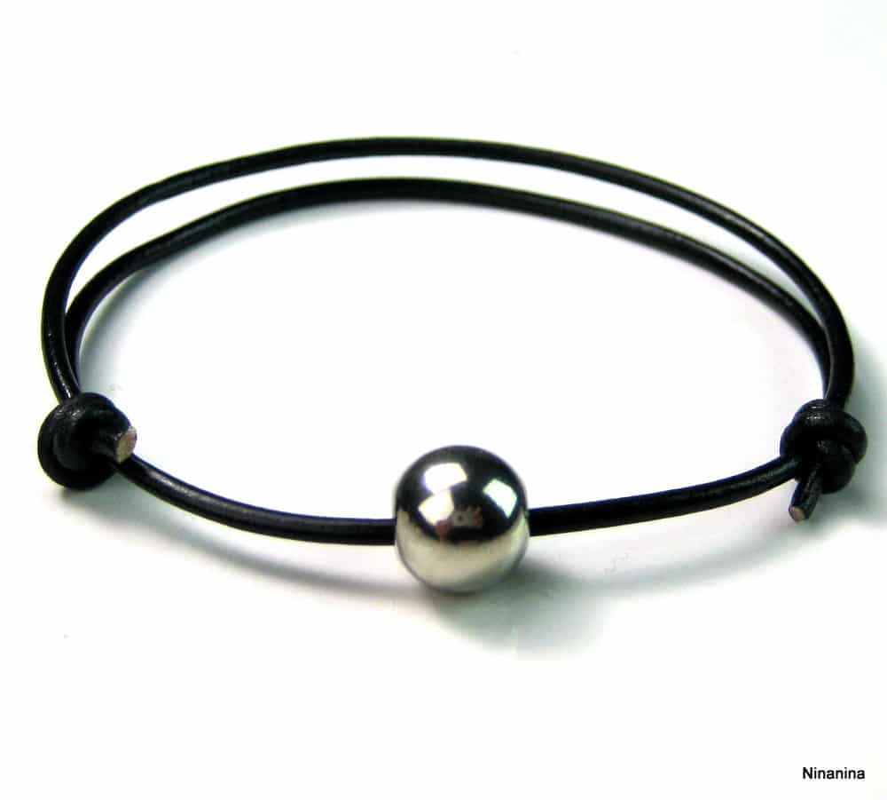 Bracelet homme cordon cuir boule Acier inoxydable argent – Image 5