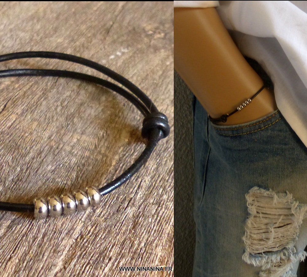 Bracelet cordon cuir perles acier – Image 2