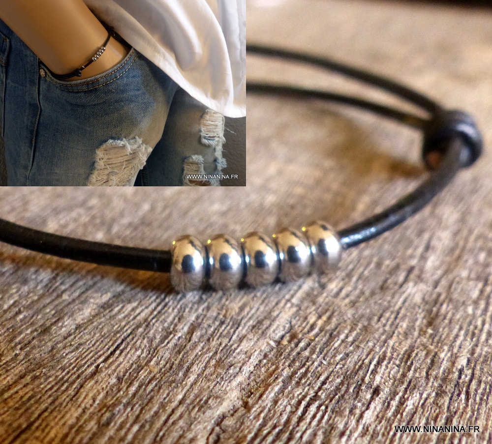 Bracelet cordon cuir perles acier – Image 20