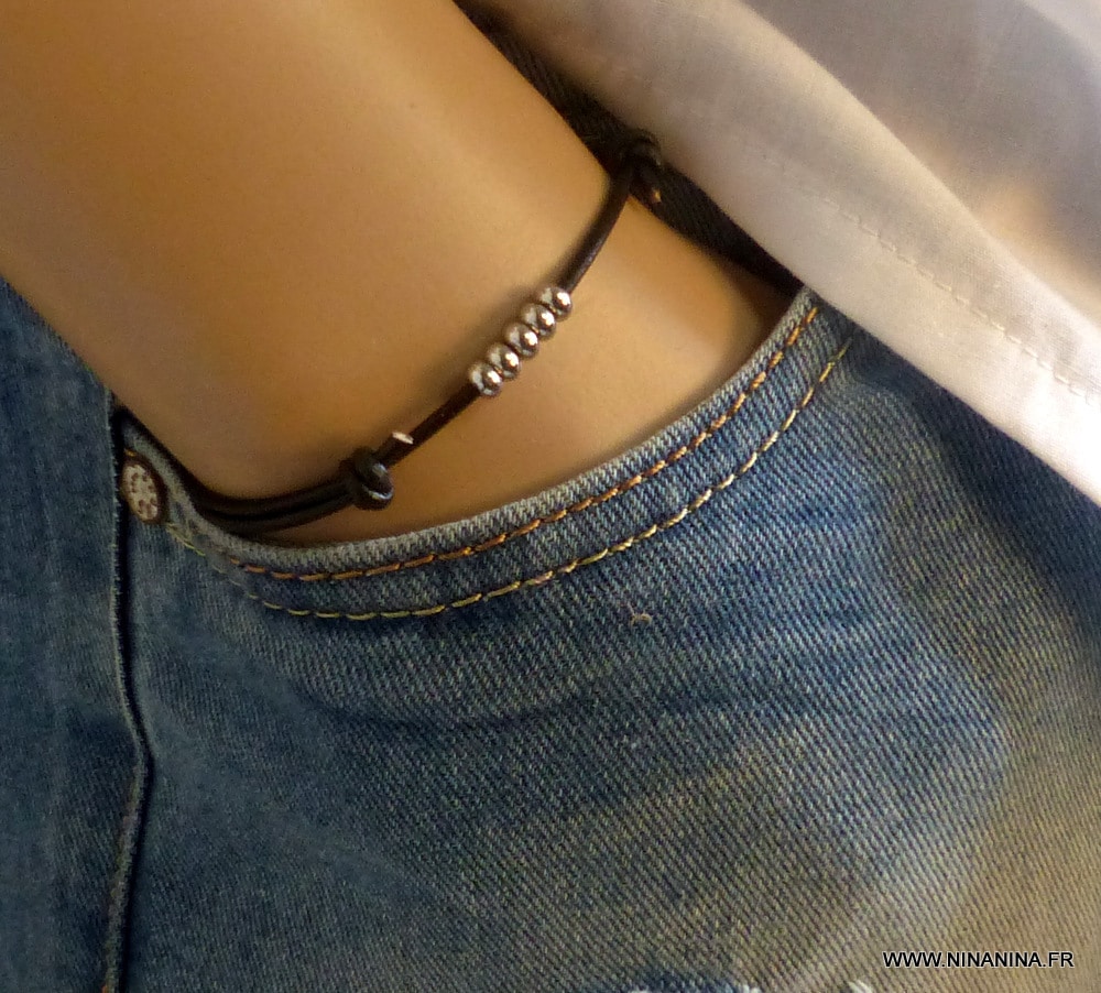 Bracelet cordon cuir perles acier – Image 24
