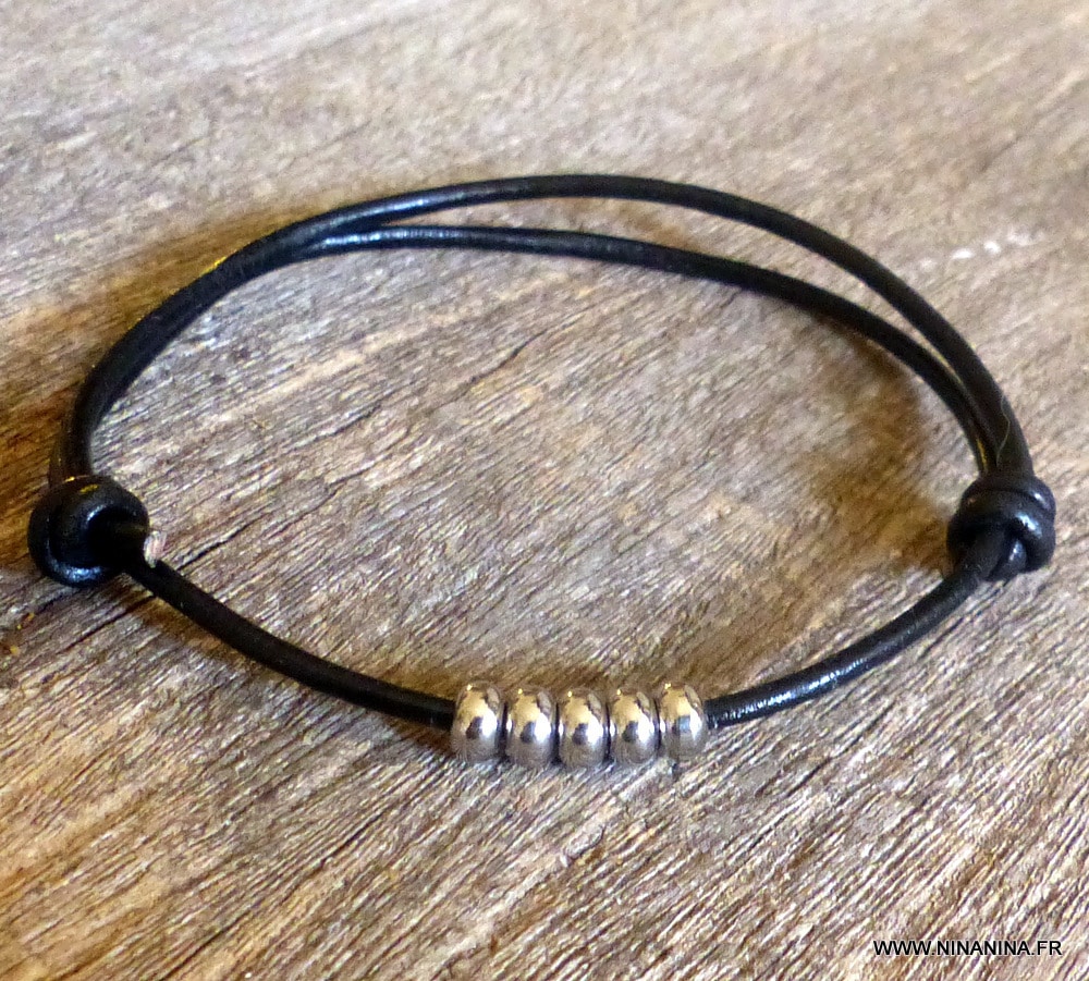 Bracelet cordon cuir perles acier – Image 4