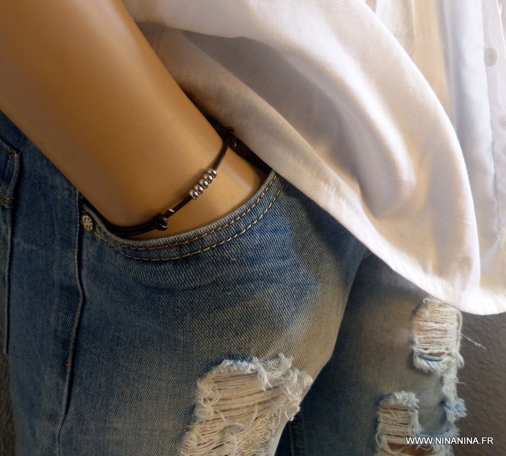 Bracelet cordon cuir perles acier – Image 6