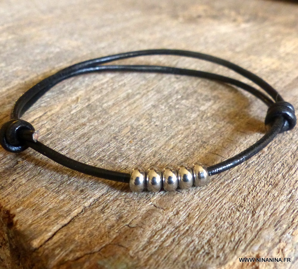Bracelet cordon cuir perles acier – Image 8