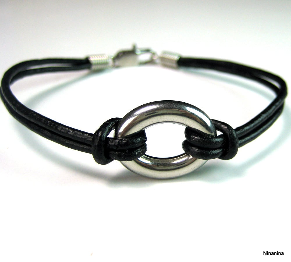 Bracelet cordon cuir anneau ovale – Image 2