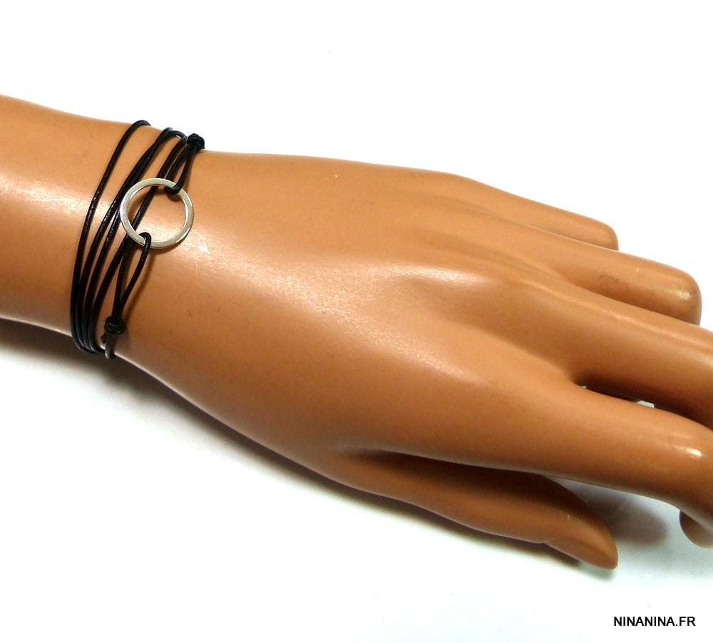Bracelet wrap cuir anneau Argent 925 massif – Image 3