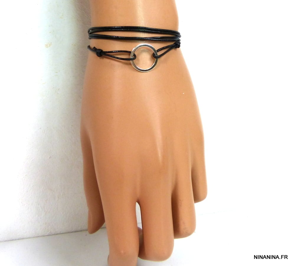 Bracelet wrap cuir anneau Argent 925 massif – Image 5