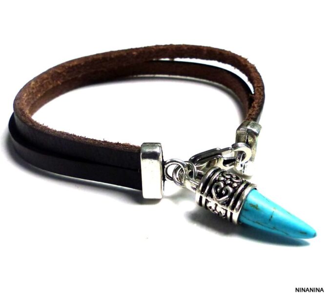 N3014ter_Bracelet_homme_cuir_corne_dent_de_tigre_turquoise