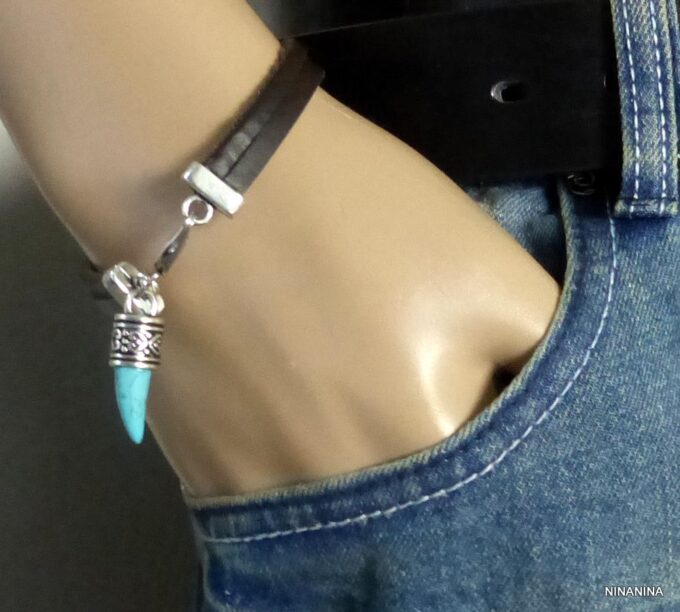 N3014terb_Bracelet_homme_cuir_corne_dent_de_tigre_turquoise