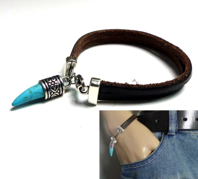 N3014terc_Bracelet_homme_cuir_corne_dent_de_tigre_turquoise