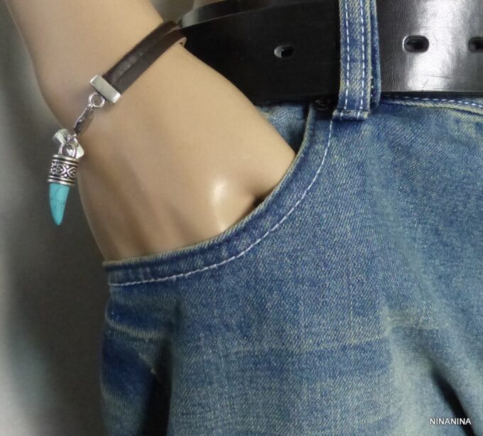 N3014terd_Bracelet_homme_cuir_corne_dent_de_tigre_turquoise