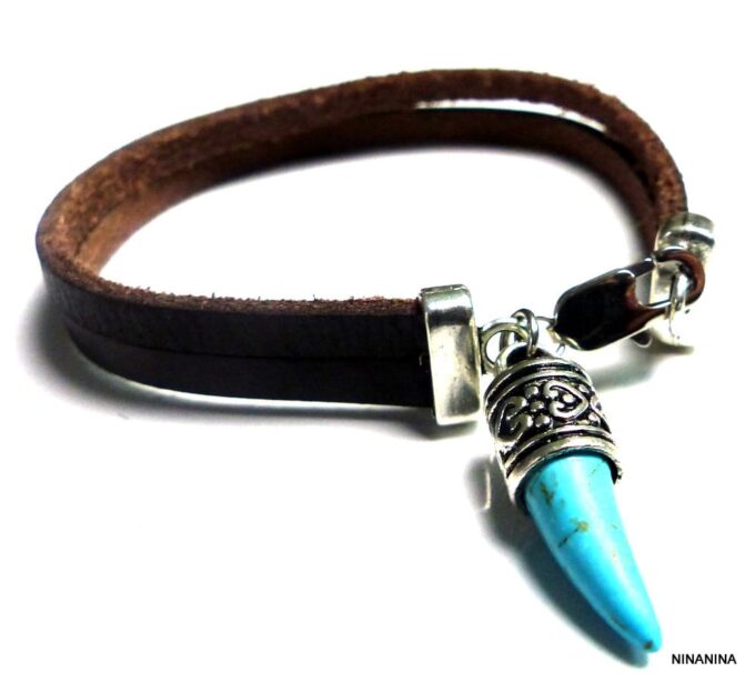 N3014terf_Bracelet_homme_cuir_corne_dent_de_tigre_turquoise
