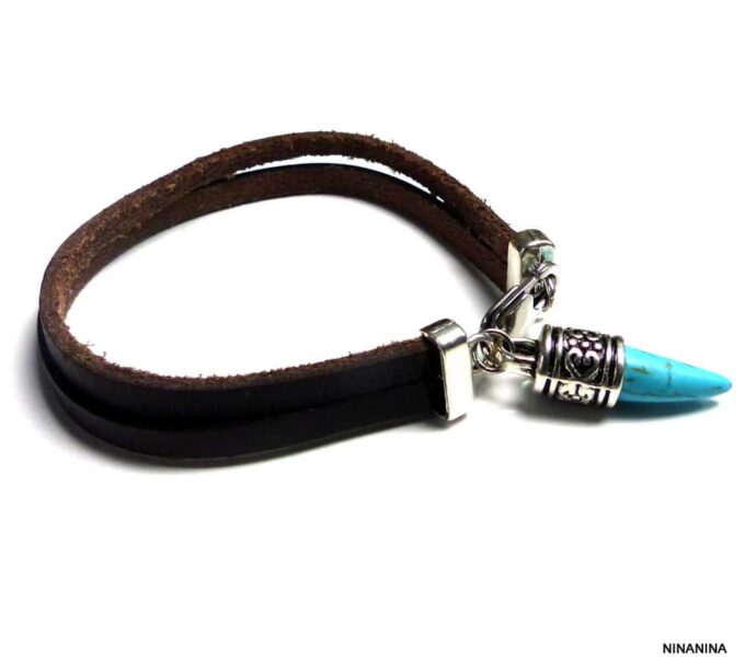 N3014terj_Bracelet_homme_cuir_corne_dent_de_tigre_turquoise