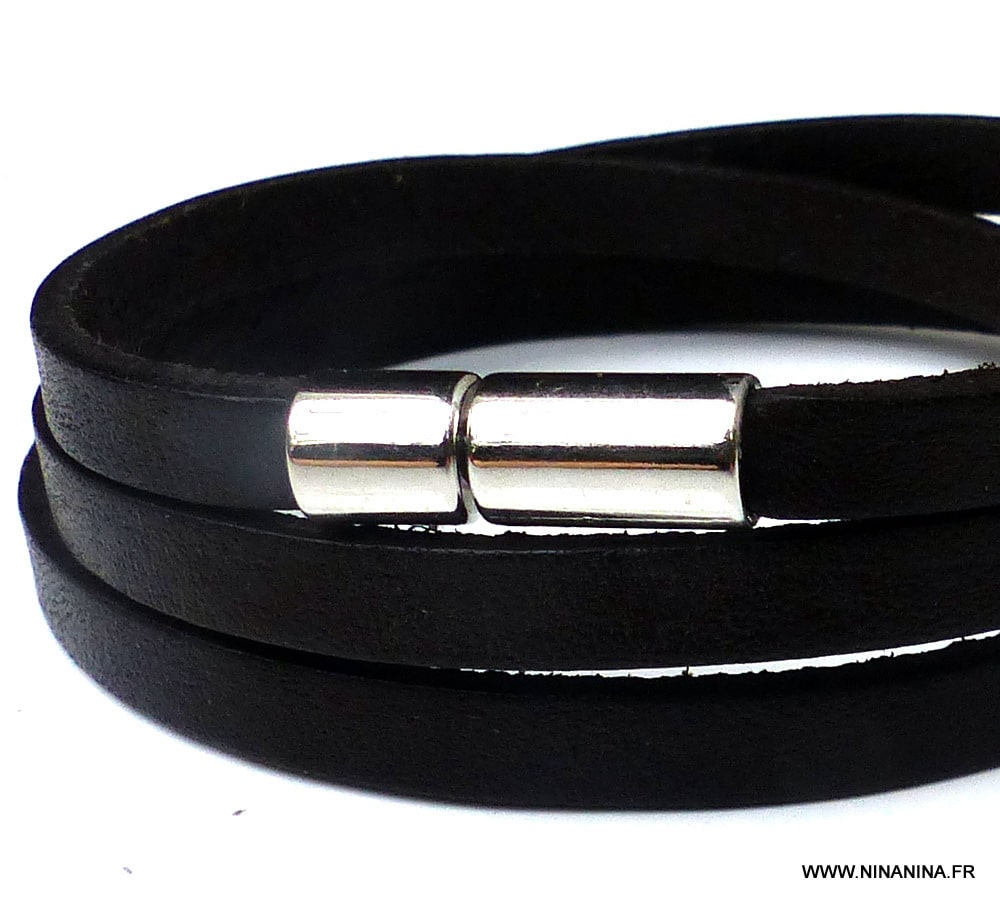 Bracelet homme artisanal - lacet cuir plat 3 tours fermoir cylindrique Acier Inoxydable – Image 3