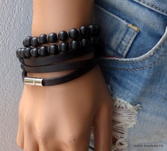 N3031o_Bracelet_homme_cuir_3_tours_fermoir_acier_inoxydable_-_Bijoux_Bracelets_en_ligne_Ninanina