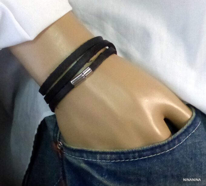 N3031terf_Bracelet_homme_cuir_3_tours_cuir_fermoir_acier_inoxydable