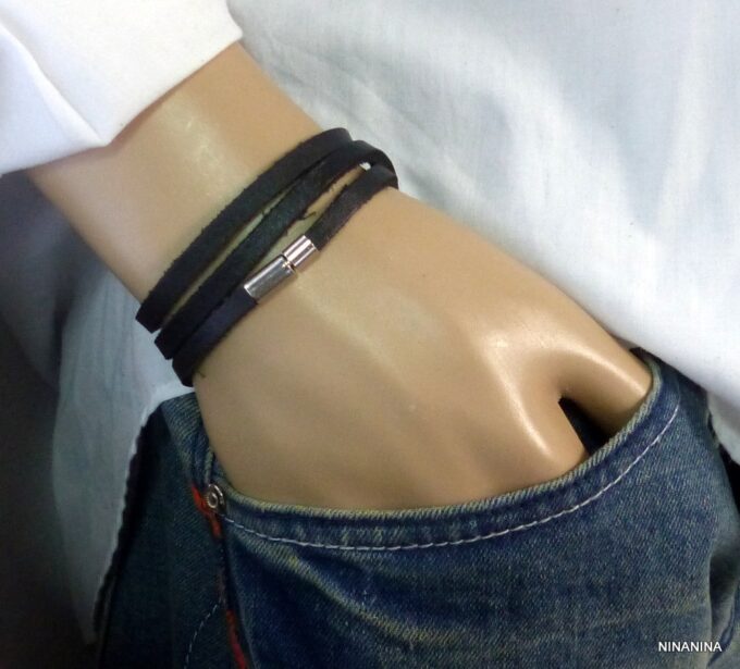 N3031terk_Bracelet_homme_cuir_3_tours_cuir_fermoir_acier_inoxydable