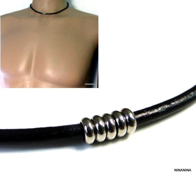 N3036ter_Collier_homme_cordon_cuir_rondelles_acier_inoxydable