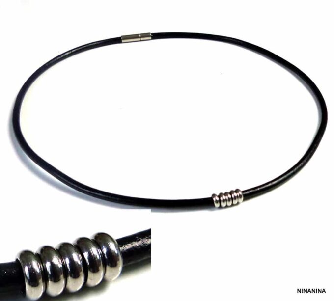 N3036terb_Collier_homme_cordon_cuir_rondelles_acier_inoxydable