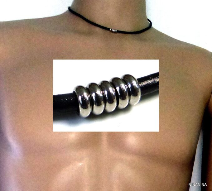 N3036terc_Collier_homme_cordon_cuir_rondelles_acier_inoxydable