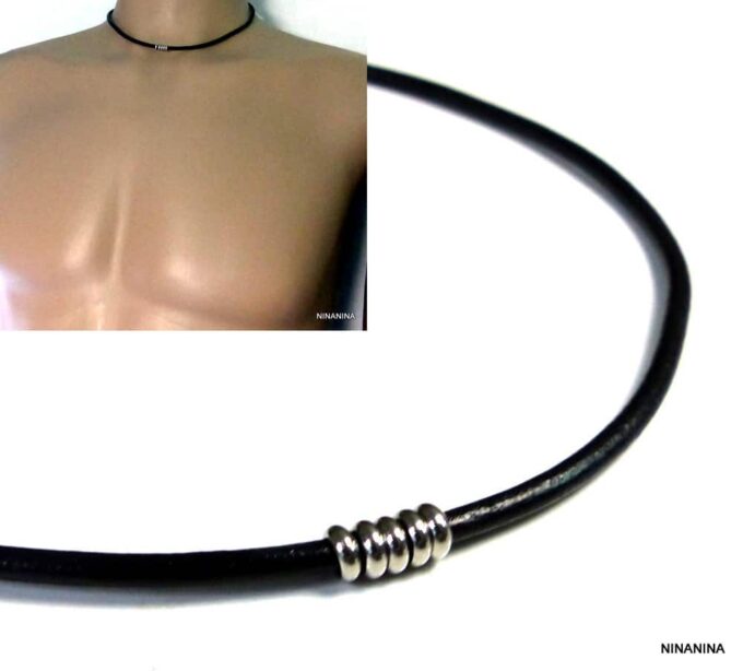 N3036terd_Collier_homme_cordon_cuir_rondelles_acier_inoxydable