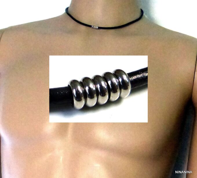 N3036tere_Collier_homme_cordon_cuir_rondelles_acier_inoxydable