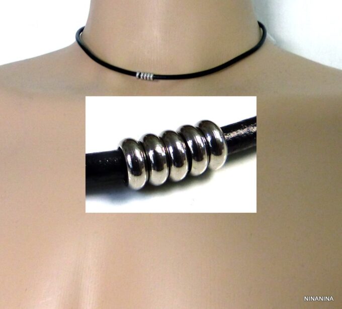 N3036terg_Collier_homme_cordon_cuir_rondelles_acier_inoxydable