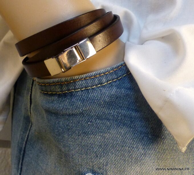 N3055e_Bracelet_homme_wrap_cuir_3_tours_personnalise_fermoir_acier_inoxydable_argente_NINANINA