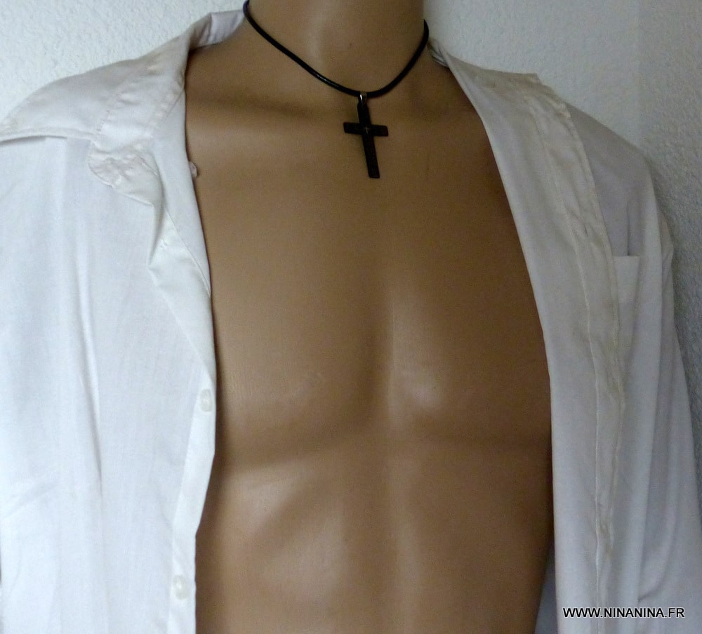 Collier homme pendentif croix Acier noire cordon cuir – Image 16