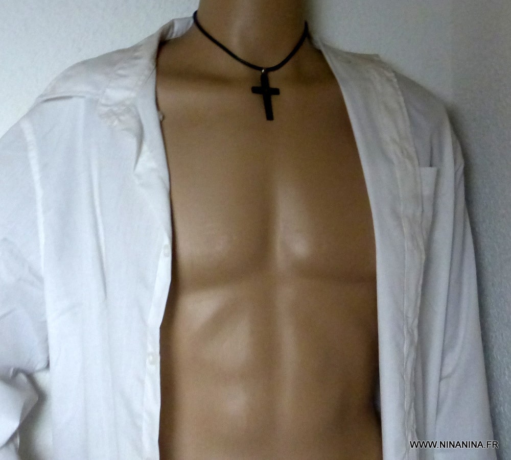 Collier homme pendentif croix Acier noire cordon cuir – Image 20