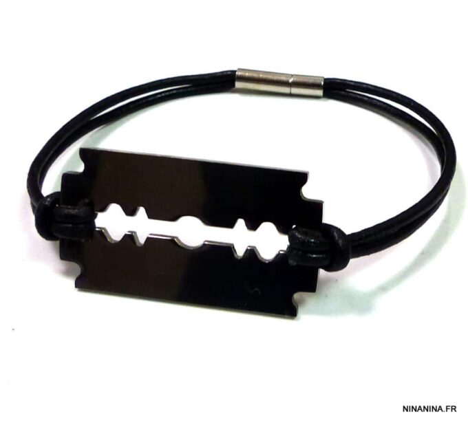 N3080_bracelet_cordon_cuir_lame_de_rasoir_acier_inoxydable