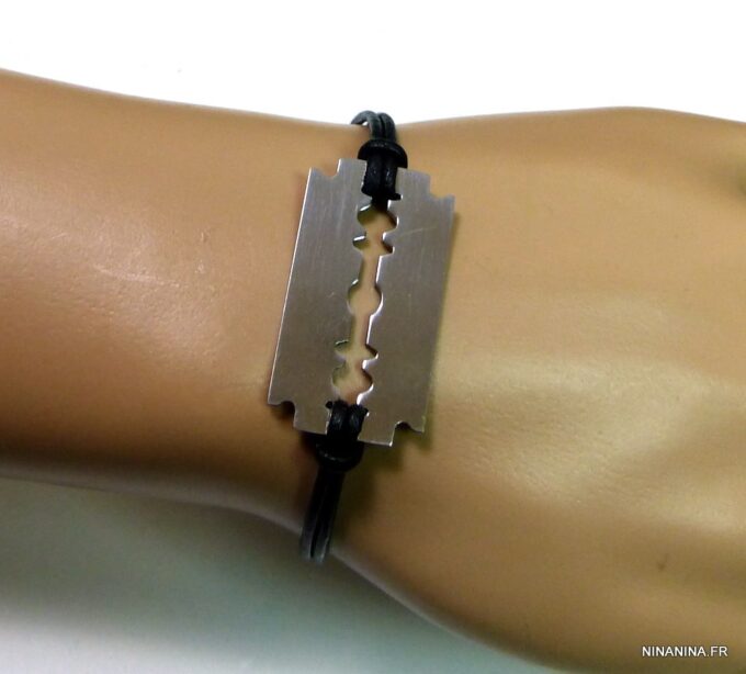 N3080a_bracelet_cordon_cuir_lame_de_rasoir_acier_inoxydable