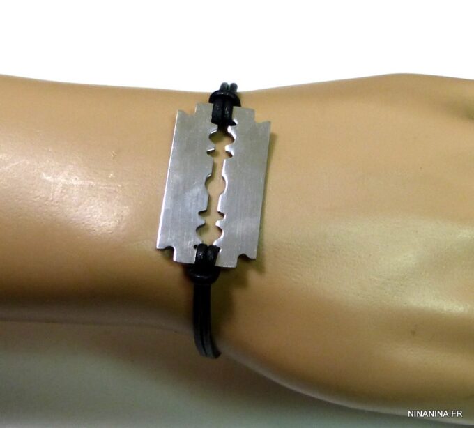 N3080c_bracelet_cordon_cuir_lame_de_rasoir_acier_inoxydable