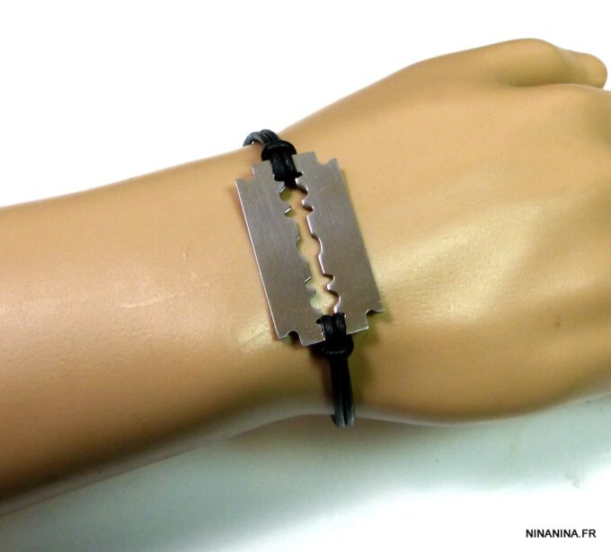 N3080e_bracelet_cordon_cuir_lame_de_rasoir_acier_inoxydable