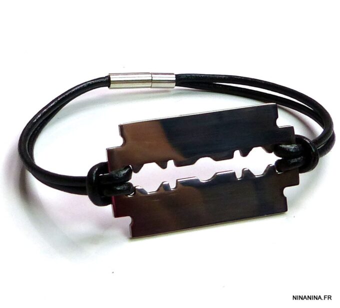 N3080ter_Bracelet_cordon_cuir_lame_de_rasoir_acier_inoxydable